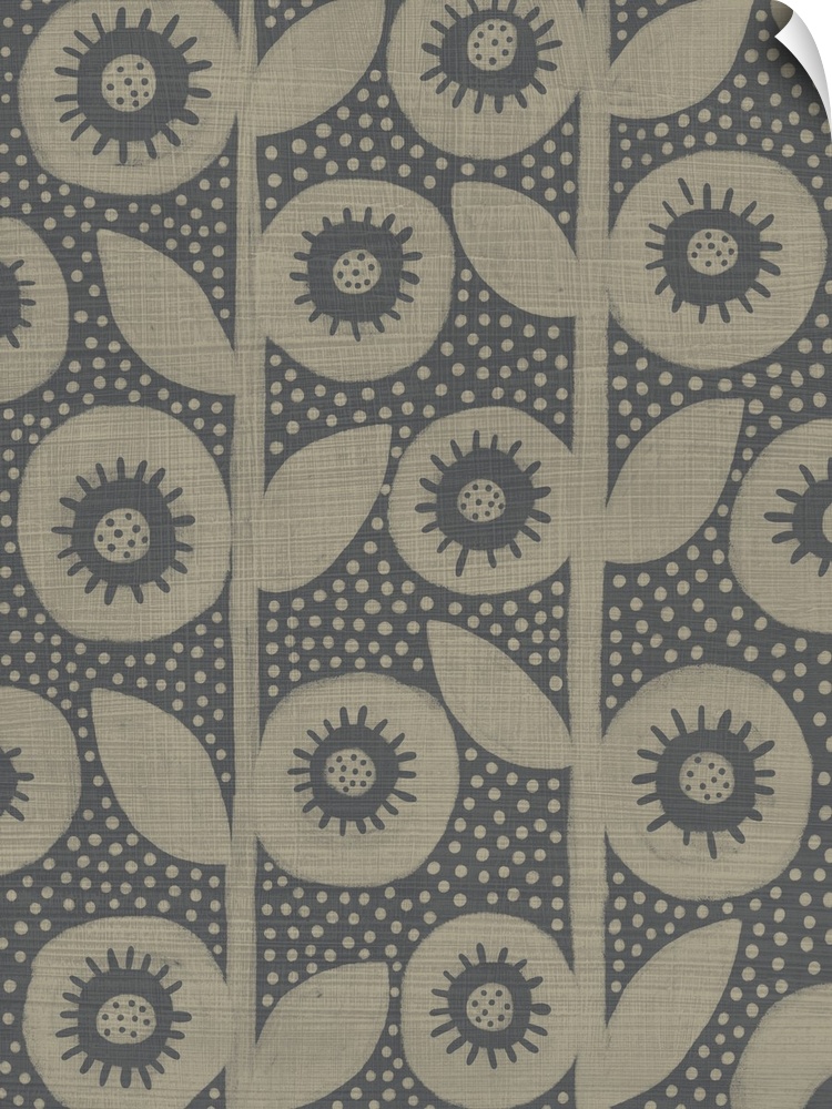 Contemporary floral motif in muted gray and brown tones.