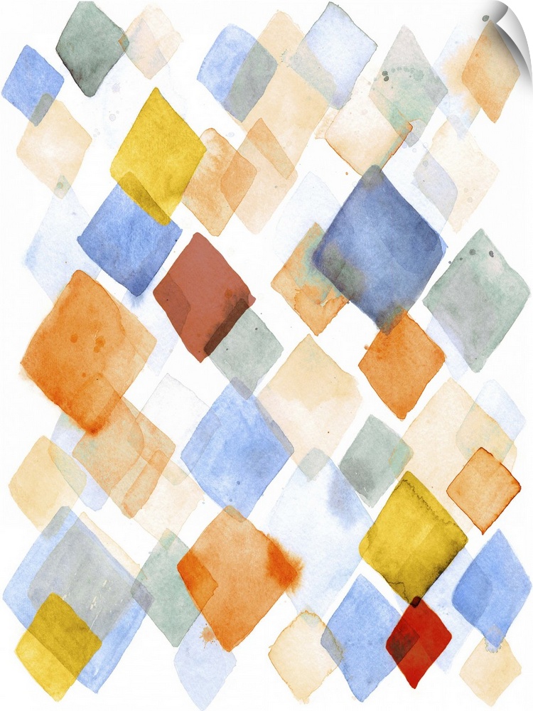 Contemporary abstract painting using diamond shapes in vibrant watercolors.