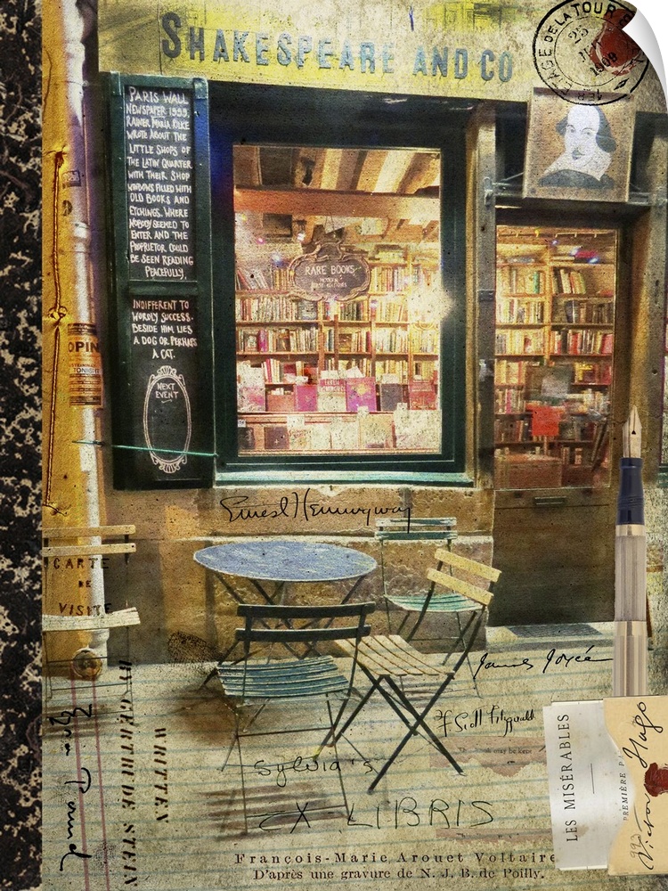 Travel collage of a parisian book store in Paris, France.