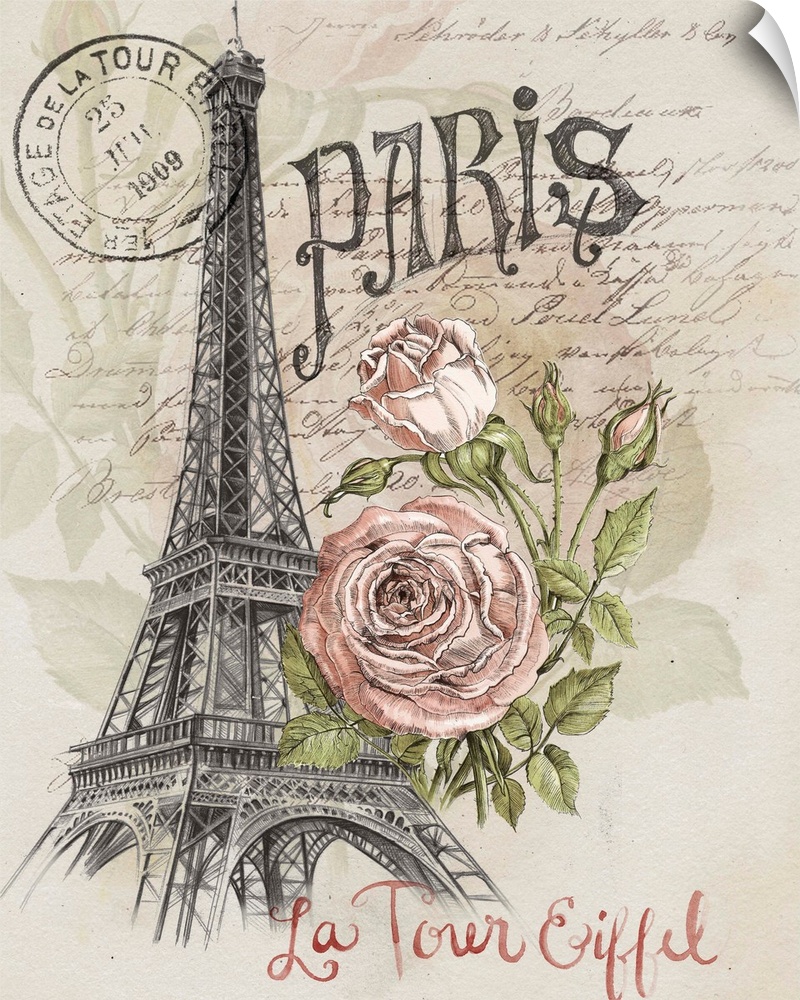 A sketch of the Eiffel tower is adorned with an illustrated rose and French text throughout.