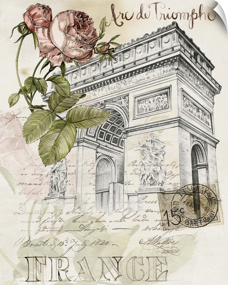 A sketch of the Arc de Triomphe is adorned with an illustrated rose and French text throughout.