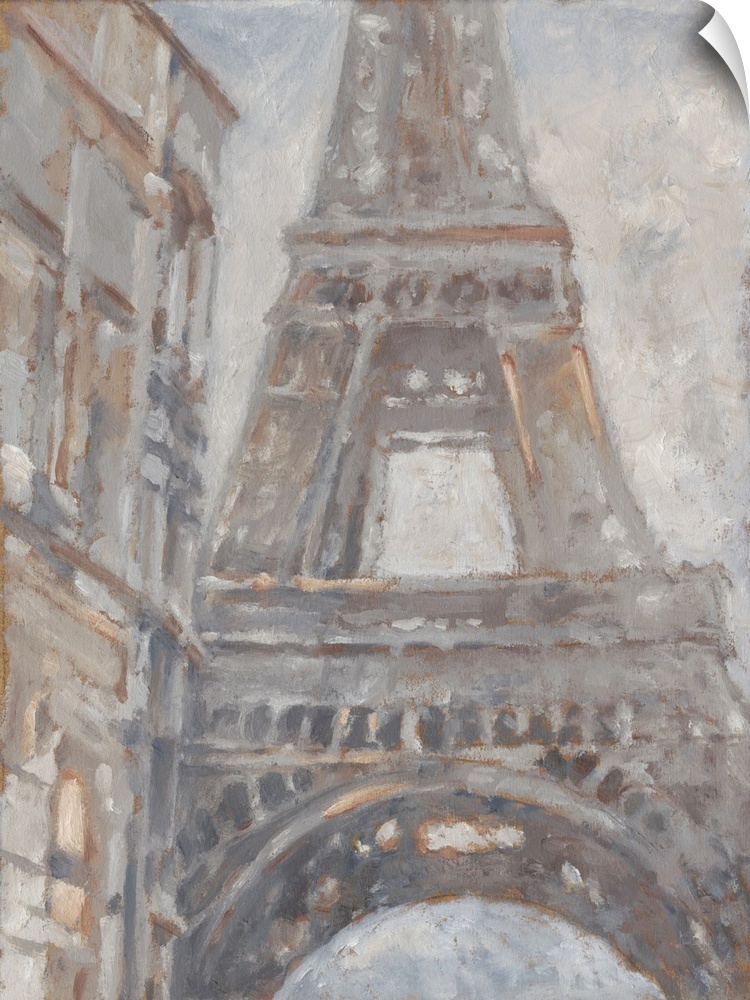 Obscure wide brush strokes illustrate the view of the Eiffel tower from the street in this vertical contemporary artwork.
