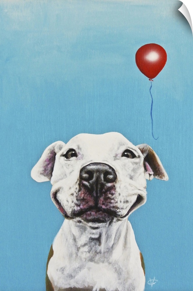 Artwork of a white dog smiling with a red balloon, on a blue background.