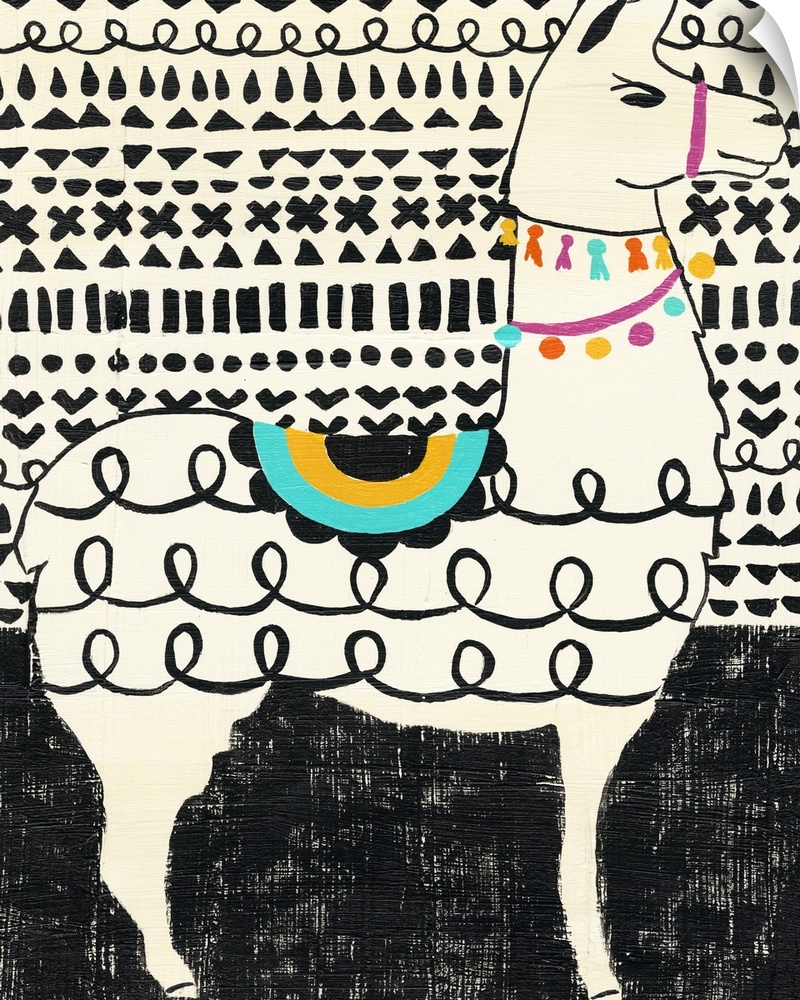 Whimsical painting of a llama in black and white wearing colorful party decorations.