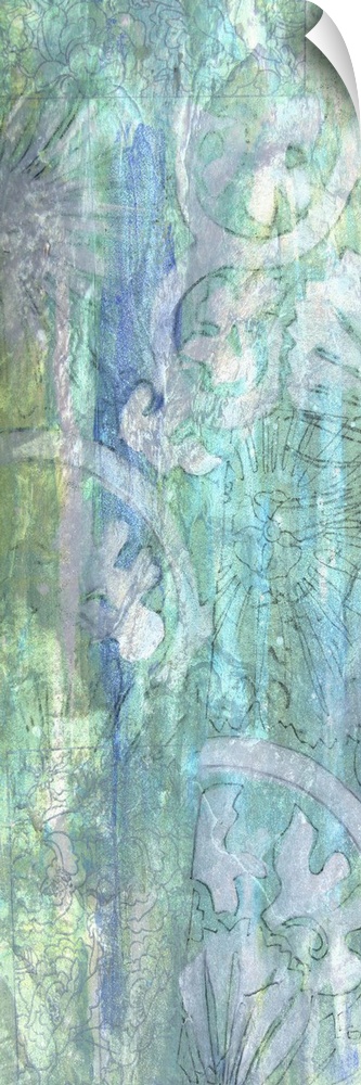 Contemporary abstract painting using a variety of vibrant colors and faded distressed textures.