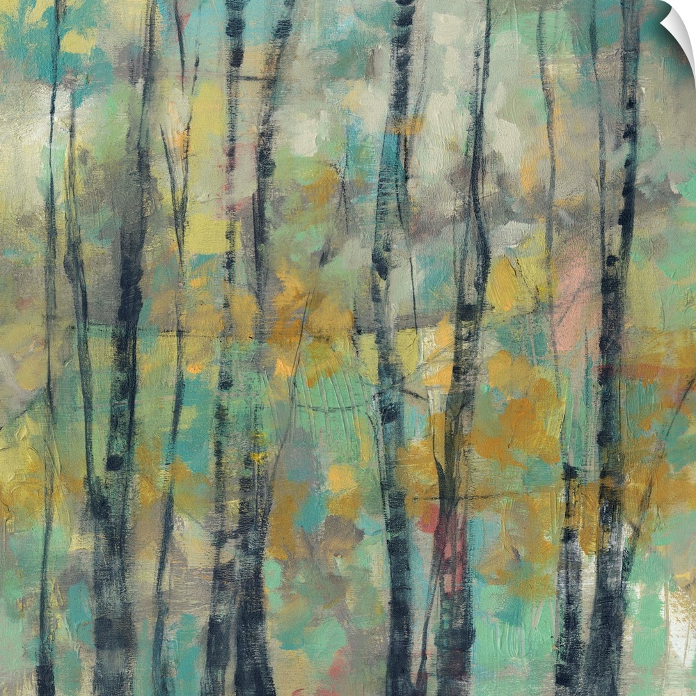 Painting of a forest with thin trees against an abstract background.