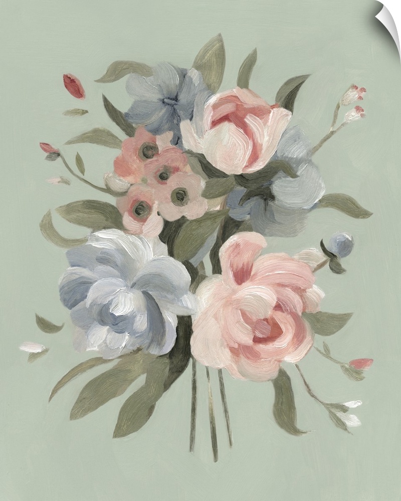 Elegant contemporary painting of a bouquet of pink and blue flowers on a moss green backdrop.