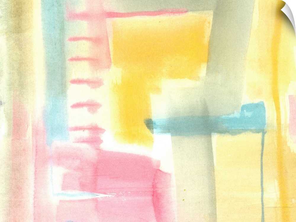 Pastel abstract watercolor artwork in blended shapes of pink, grey, teal, and yellow.