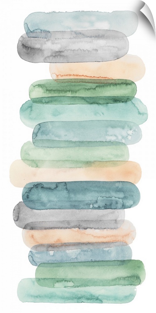 Horizontal oval shapes in pastel colors are stacked on top of each other in this vertical contemporary artwork.