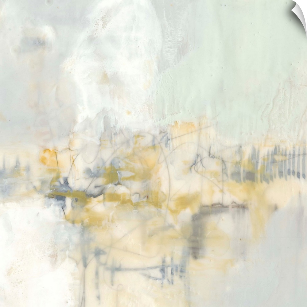 Pale colored abstract artwork in shades of yellow and mint green.