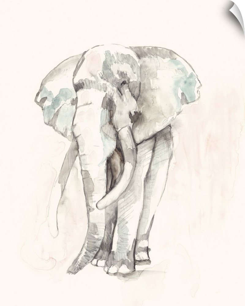 Contemporary abstract painting of an elephant in soft pastel hues.
