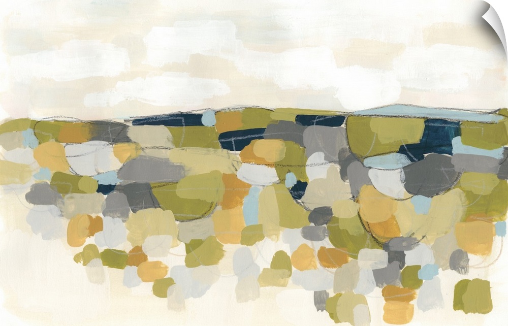 This contemporary artwork features blocks of yellow, green and blue over a beige landscape.