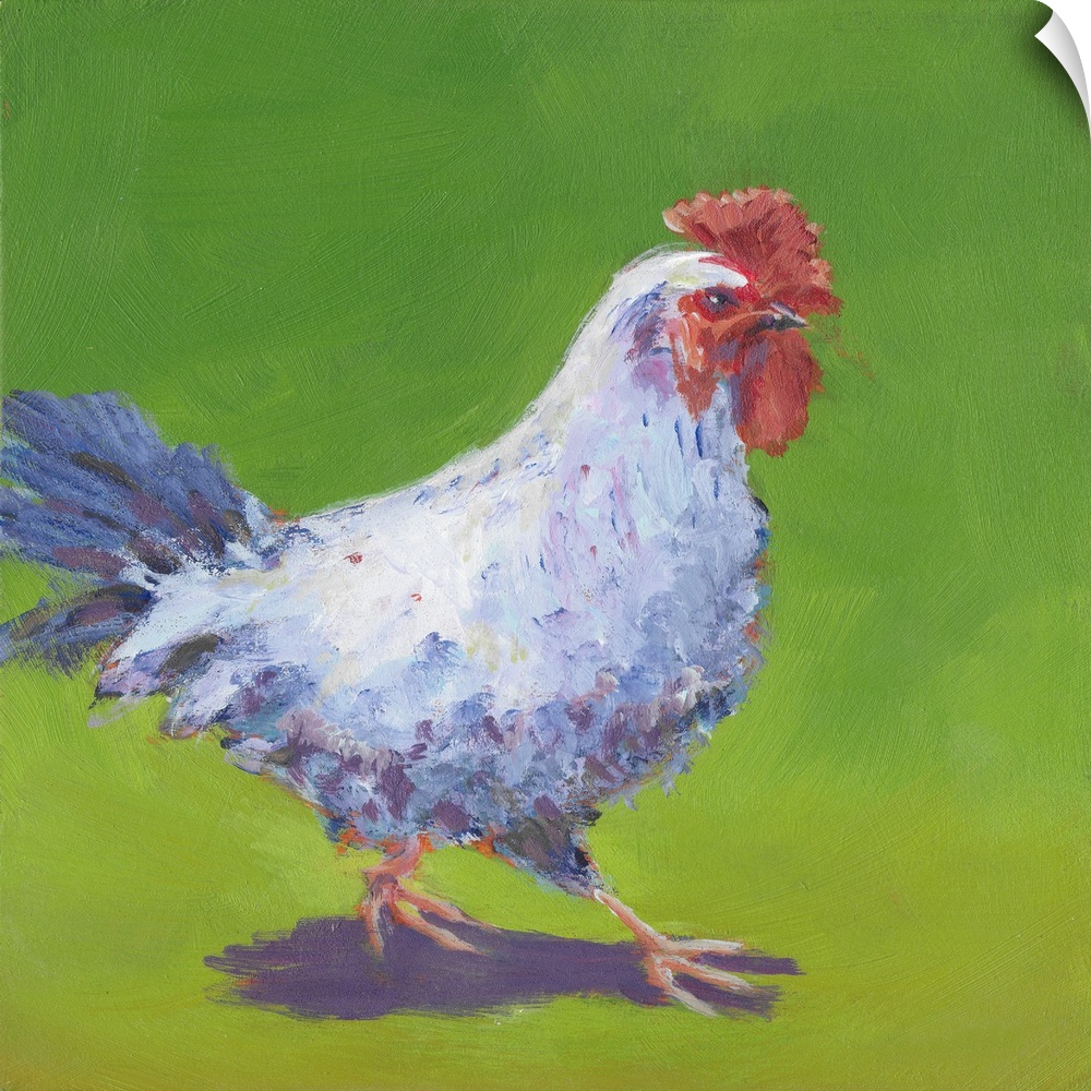 Contemporary artwork of a chicken trekking through a pasture.