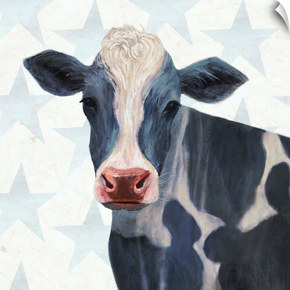 Square painting of a black and white spotted cow on a gray and white star patterned background.