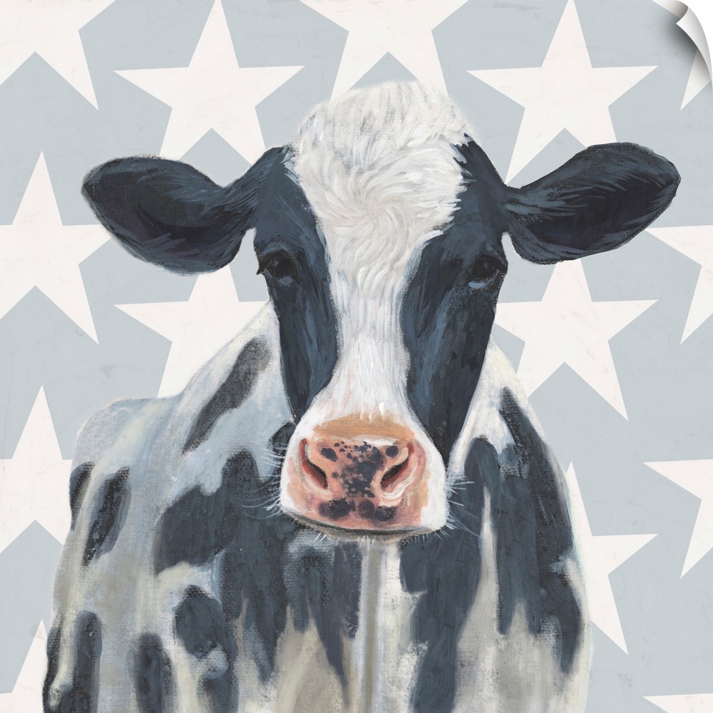 Square painting of a black and white spotted cow on a gray and white star patterned background.