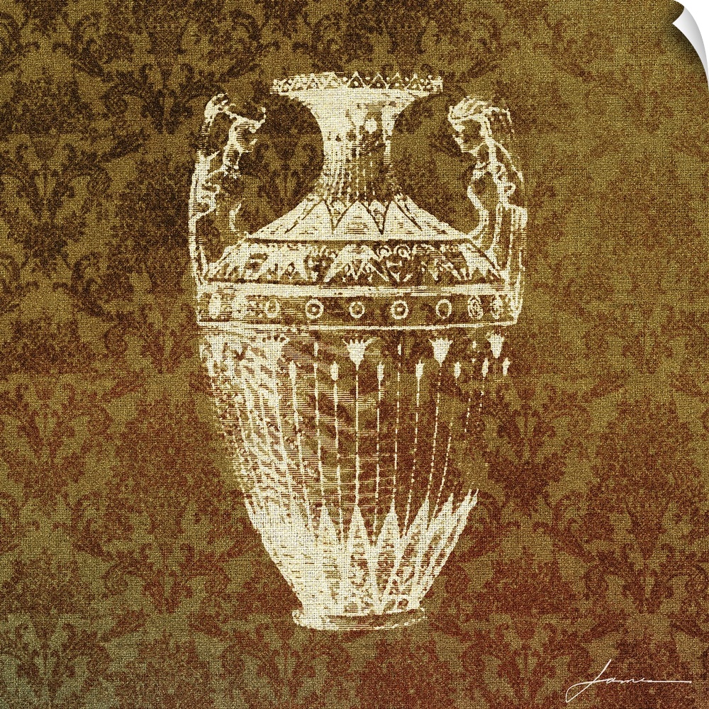 Stenciled antique vase against a vintage pattern.