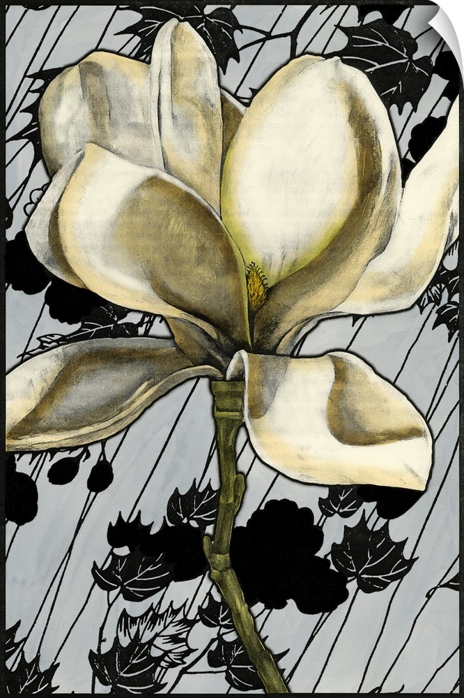Contemporary artwork of a vintage stylized magnolia flower reminiscent of art nouveau.