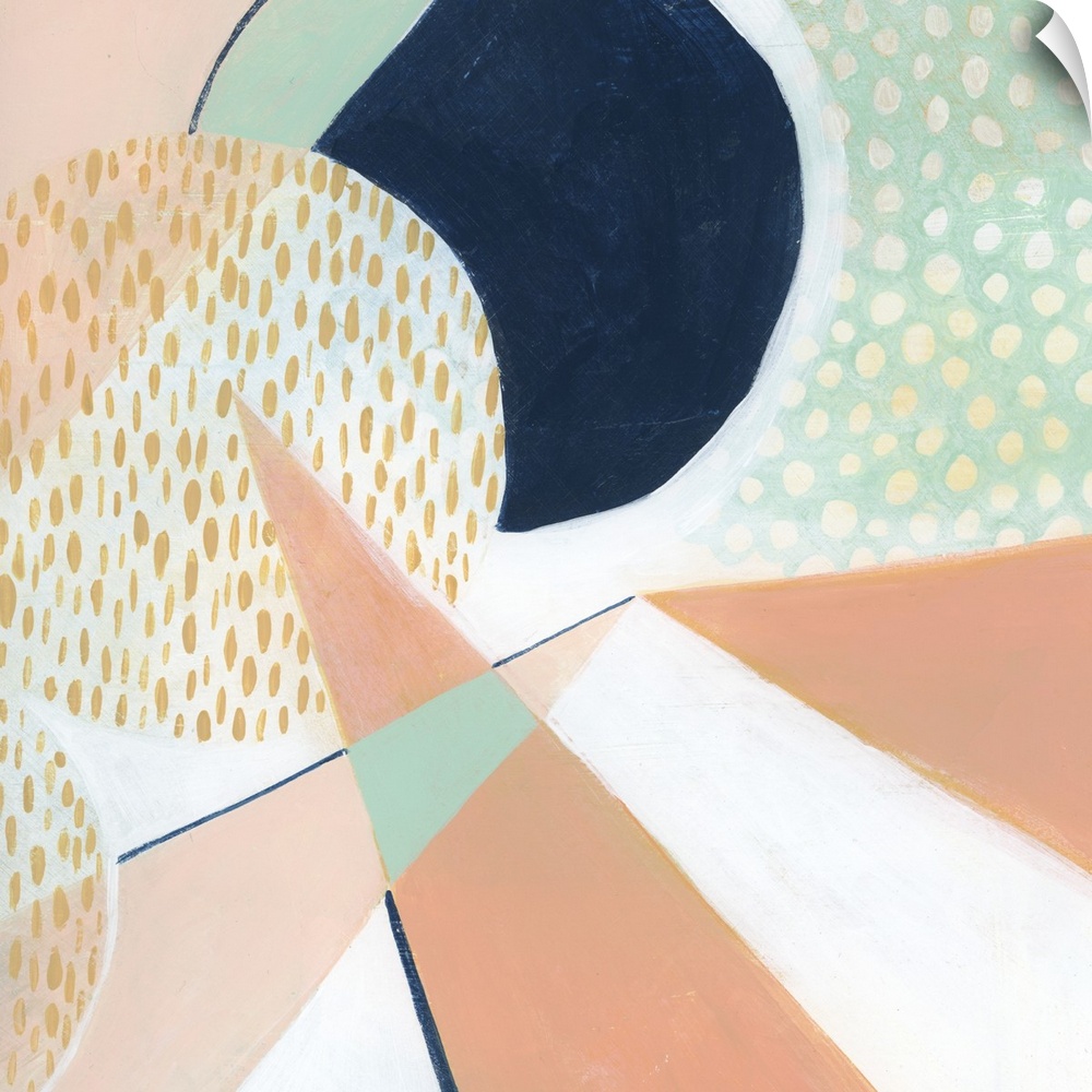 Square modern abstract of circular and triangle shapes in pastel colors with repetitive spots and navy accents.