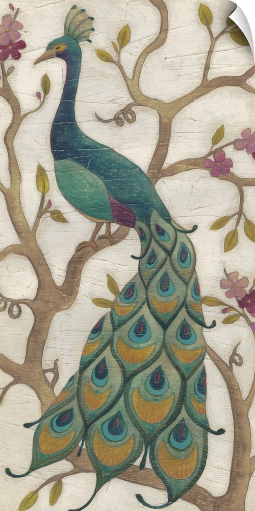 Decorative art of a stylized peacock on a branch.
