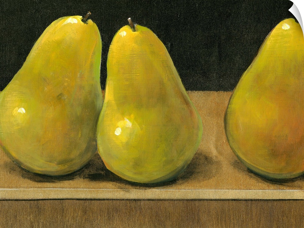 Horizontal painting on a big canvas of three shining pears sitting on a flat surface, on a dark background.  Two of the pe...