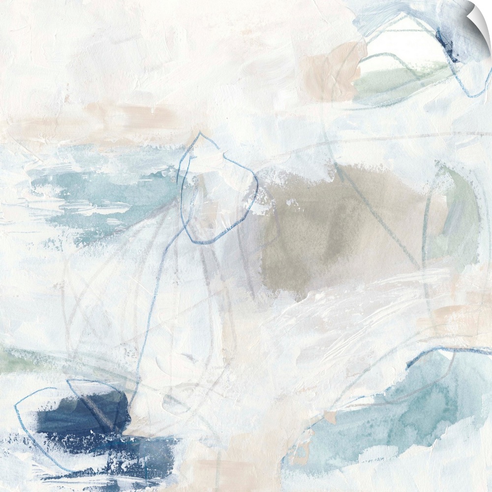 White, pale blue, and neutral browns come together to construct this abstract painting reminiscent of a calm day on the be...