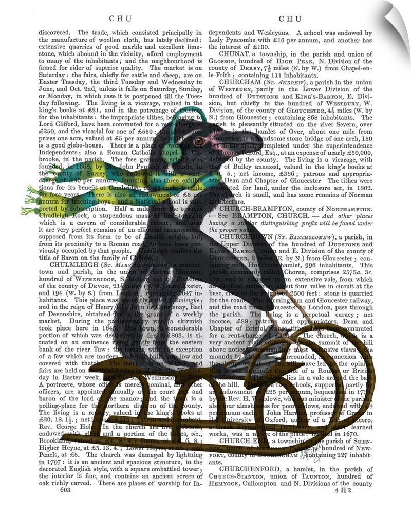 Decorative art with a penguin riding a sled painted on the page of a book.