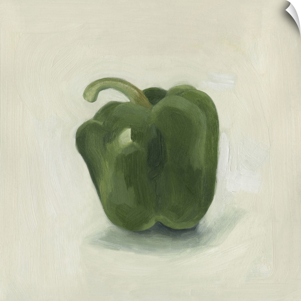 A still life painting of a green bell pepper on a neutral backdrop.