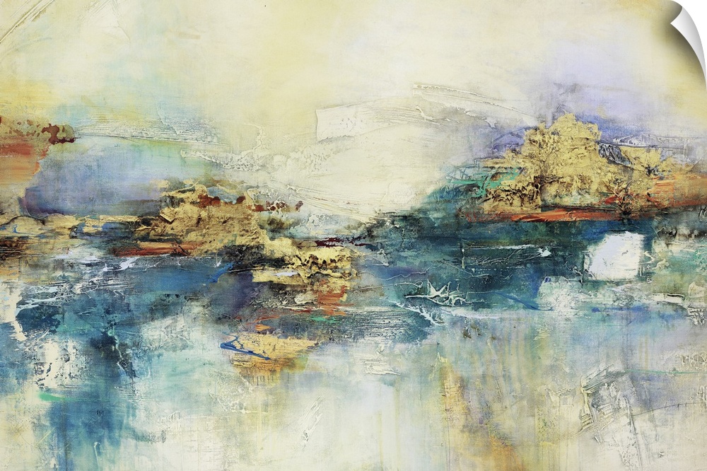 Thick textured brush strokes in blue and yellow color create this abstract contemporary artwork.