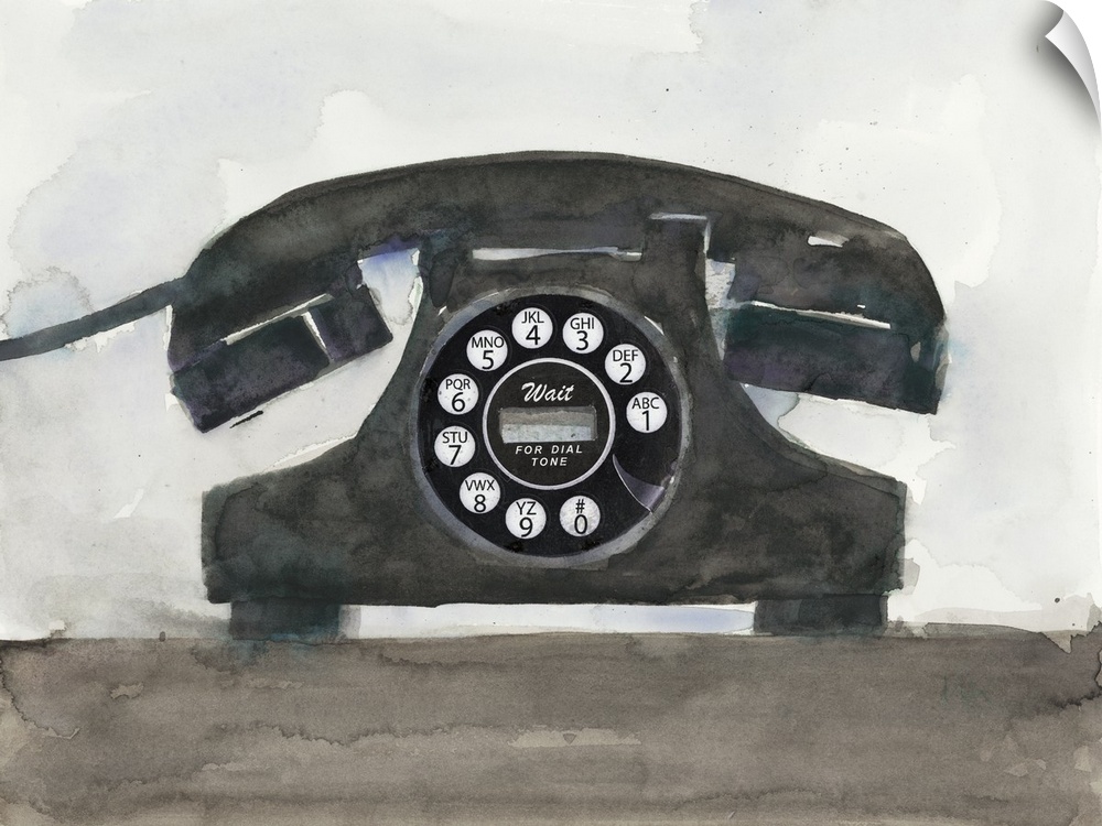 Decorative painting of a black old telephone with a circular dial pad.