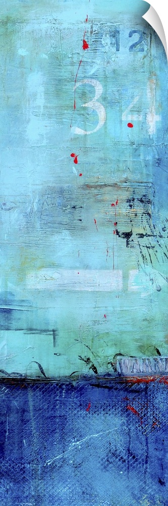 Contemporary abstract painting using two vibrant blue tones contrasting one another with stenciled lettering toward the top.
