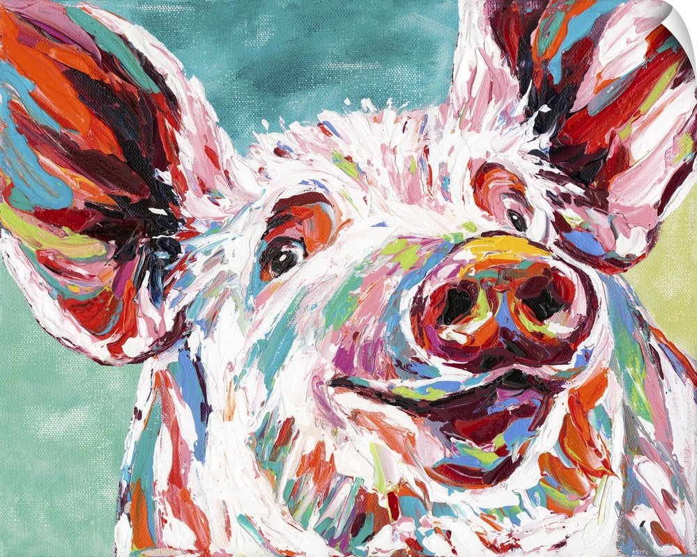 Contemporary portrait of a cheerful pig in bright colors and highlights.