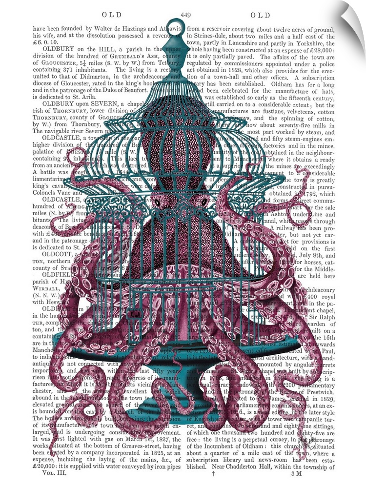Decorative artwork with a pink octopus trapped inside of an antique bird cage painted on the page of a book.