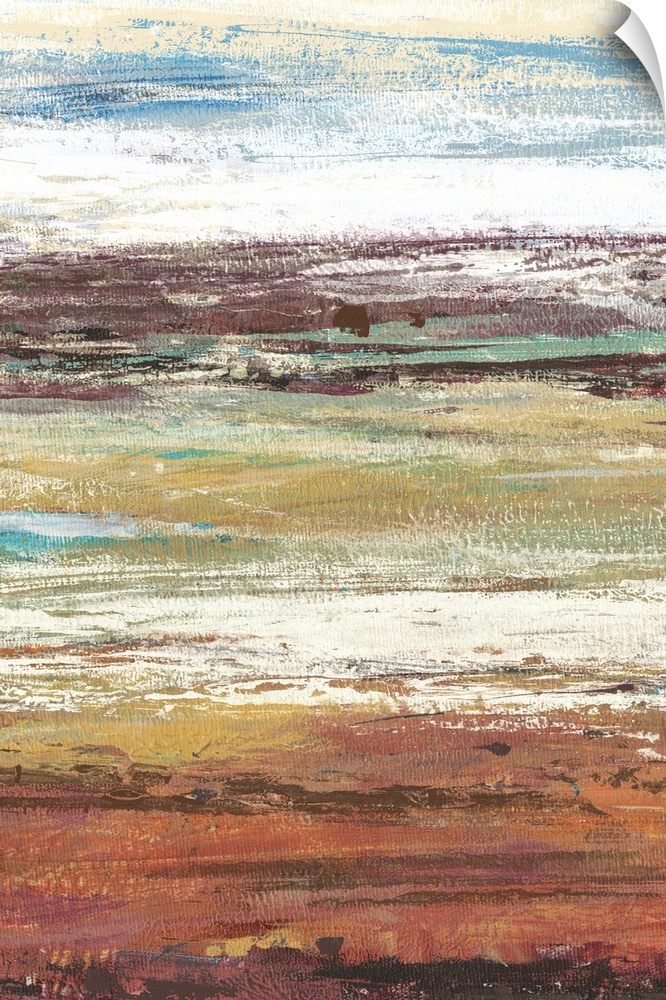 Abstract artwork of horizontal bands of rust and beige, resembling a landscape.