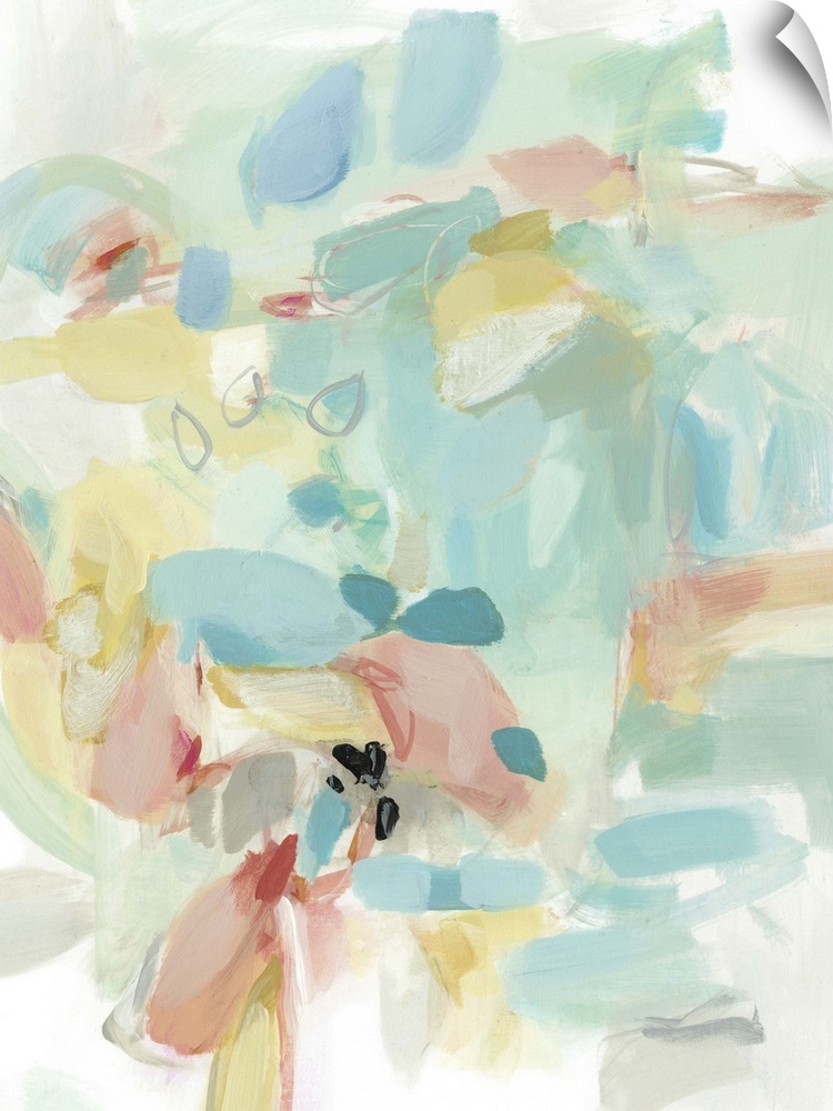 Contemporary abstract art using soft pale colors mixing together to create depth.