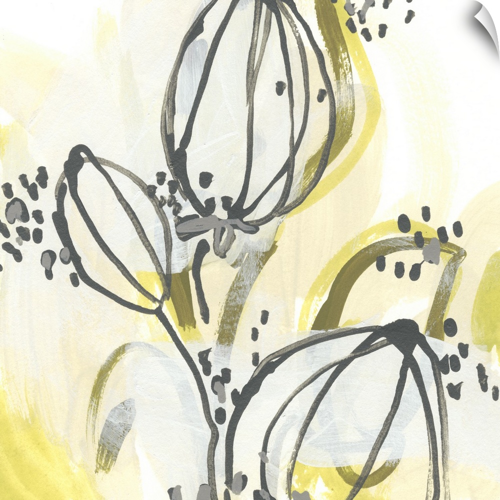 Square abstract yellow artwork featuring gestural lines and dots to create plant pods.