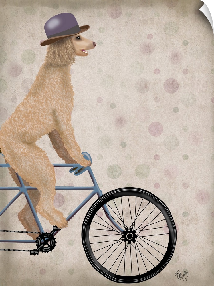 Decorative artwork of cream Poodle riding on a blue bicycle and wearing a purple hat.