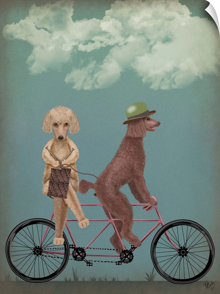 Decorative artwork of two Poodles riding on a pink tandem bicycle with the dog in the back knitting.
