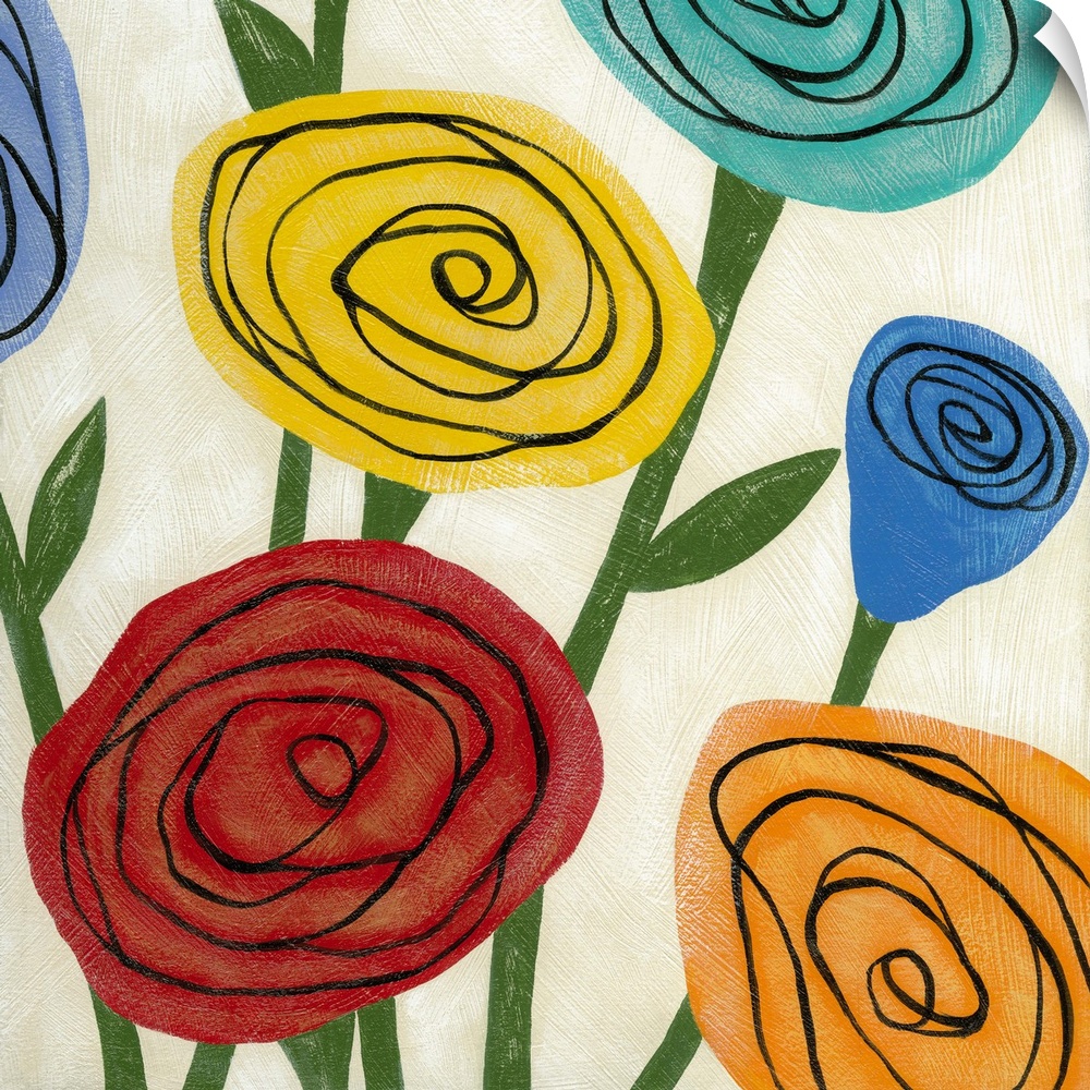Pop art inspired flowers with in wild colors and simple shapes.