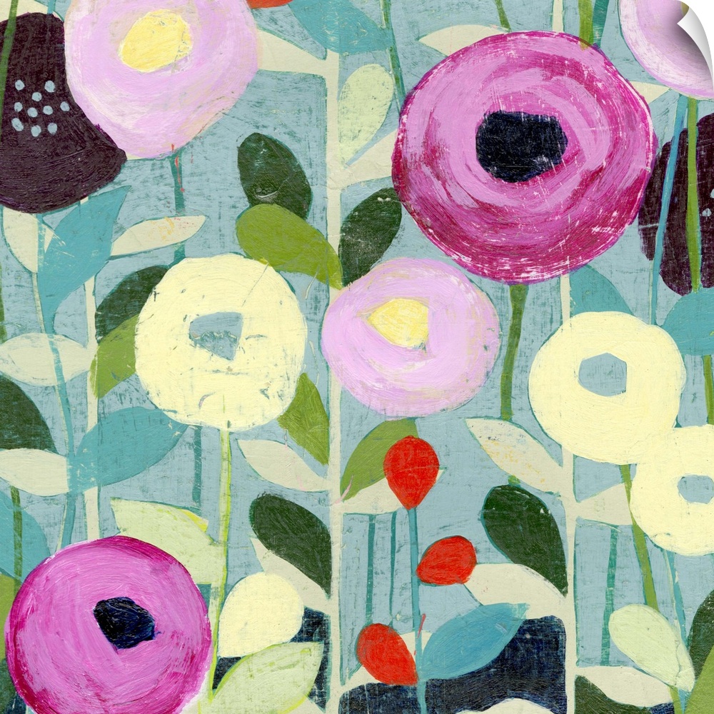 Decorative painting of round poppy flowers in springtime pinks and yellows.