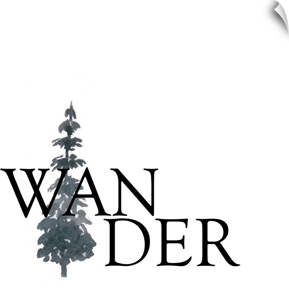 'Wander' minimalist typography with a watercolor pine tree on a white square background.
