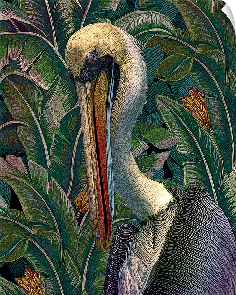 Decorative artwork of a pelican surrounded by lush greenery.