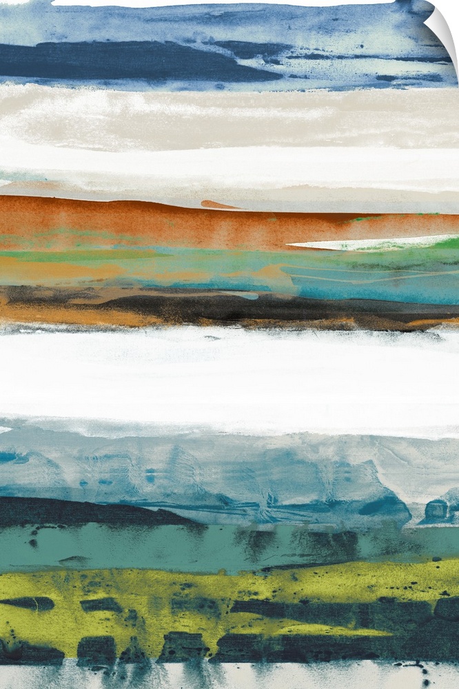 Contemporary abstract painting using cool and warm tones to create horizontal lines.
