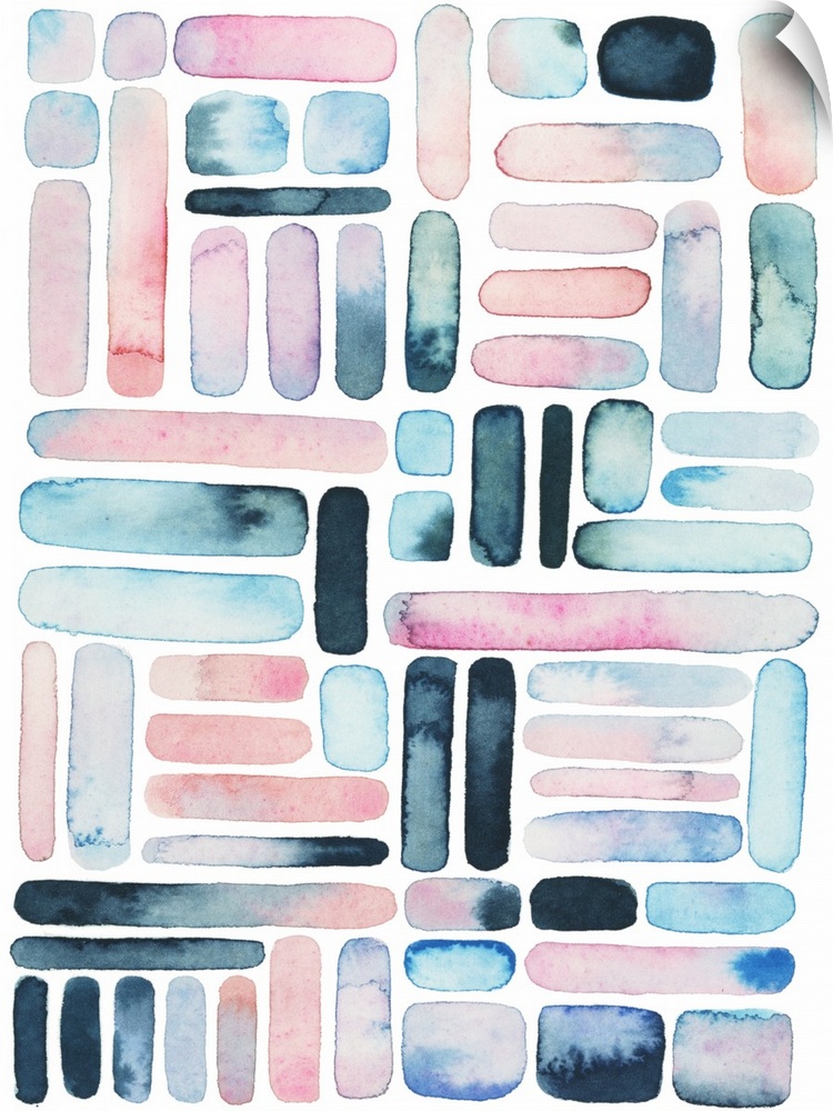Vertical watercolor painting of varies rounded square and rectangle shapes in a grid design.