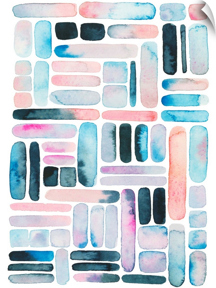 Vertical watercolor painting of varies rounded square and rectangle shapes in a grid design.