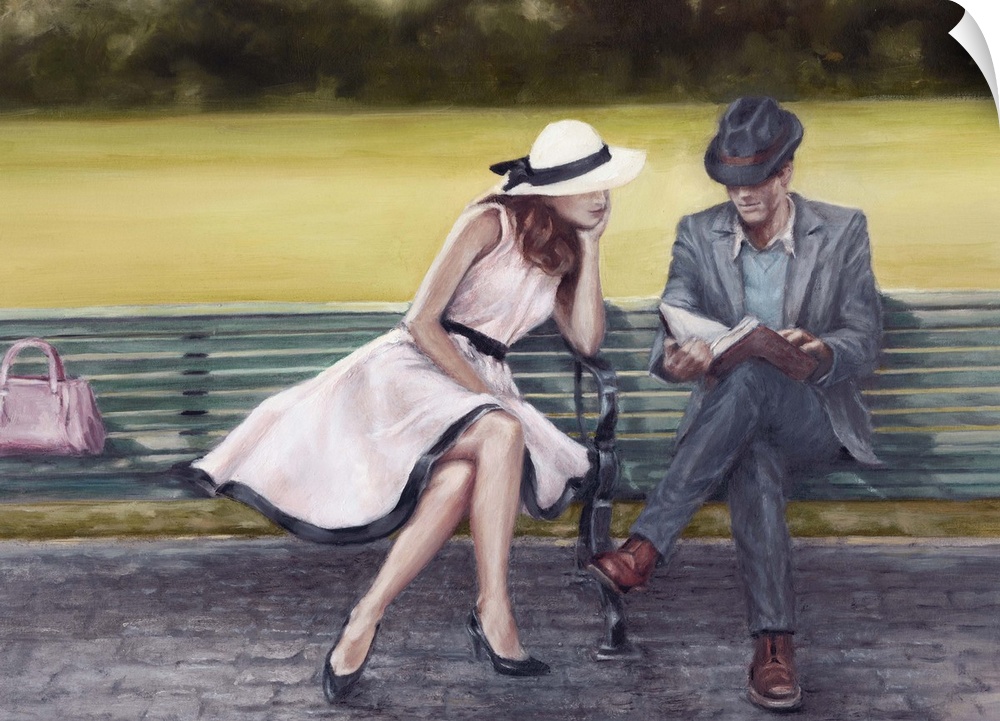 Contemporary painting of a well-dressed couple on a park bench.