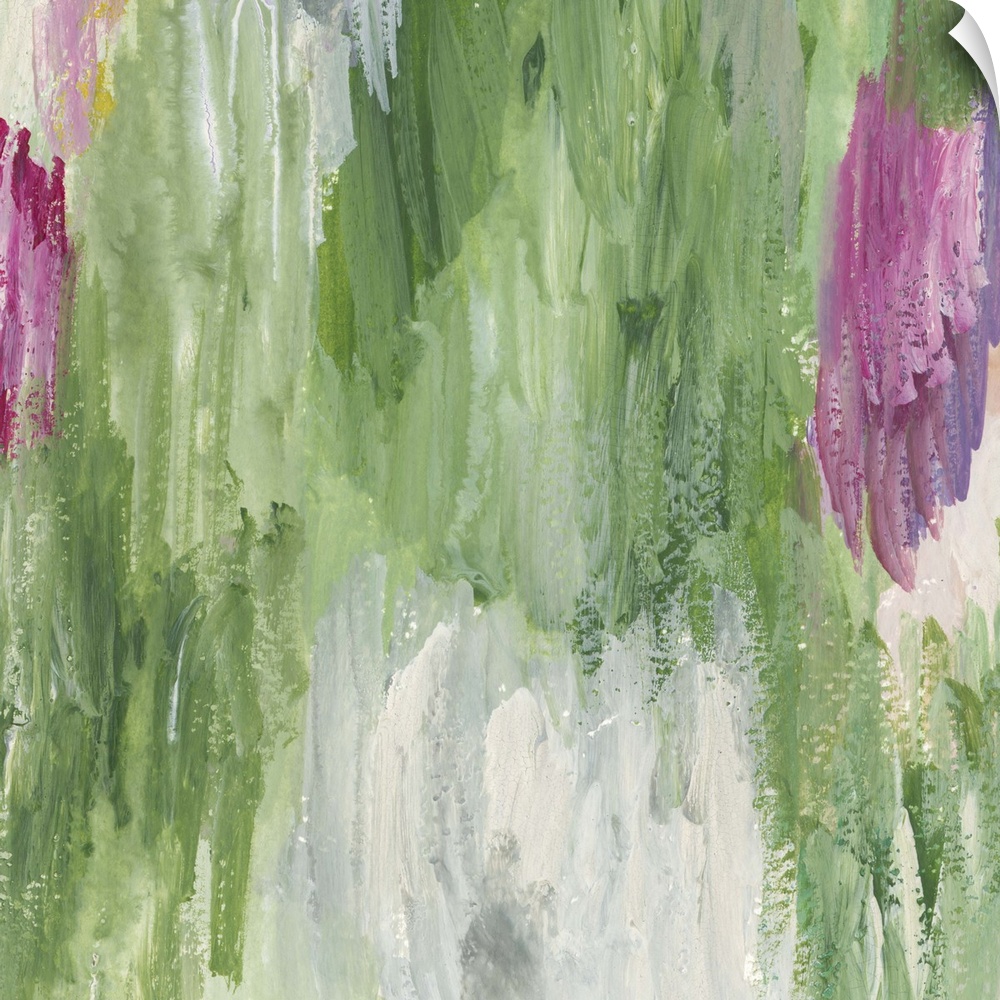 Colorful contemporary abstract painting using pink and green.