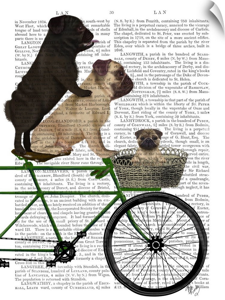 Decorative artwork with pugs riding on a bicycle, painted on the page of a book.
