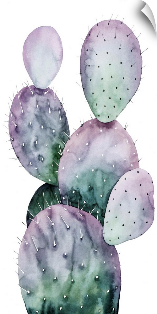 Watercolor painting of a purple and green toned cactus on a white panel background.