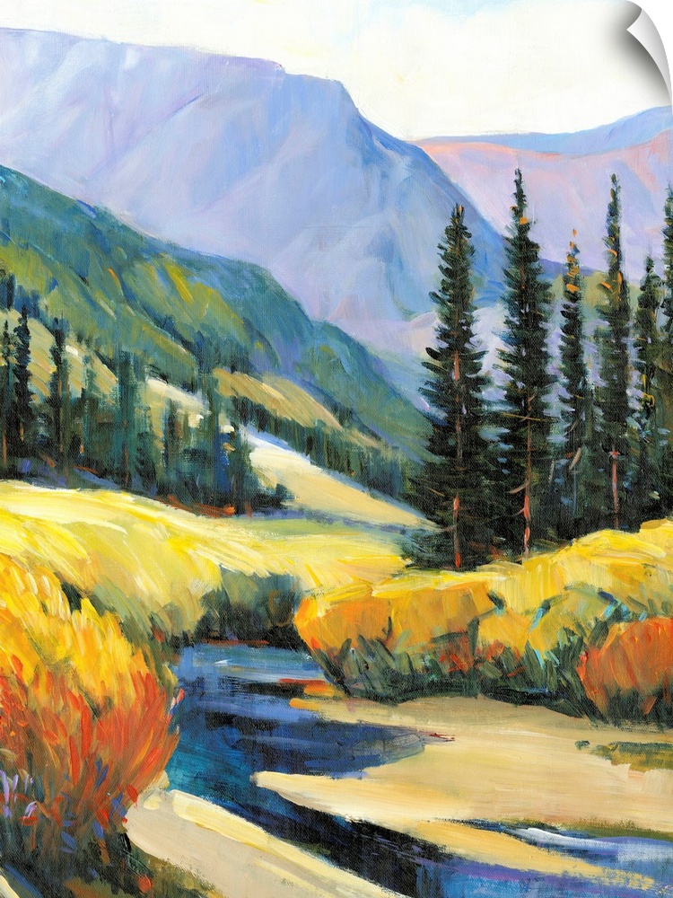 Contemporary painting of a mountain valley landscape with a small river and pine trees.