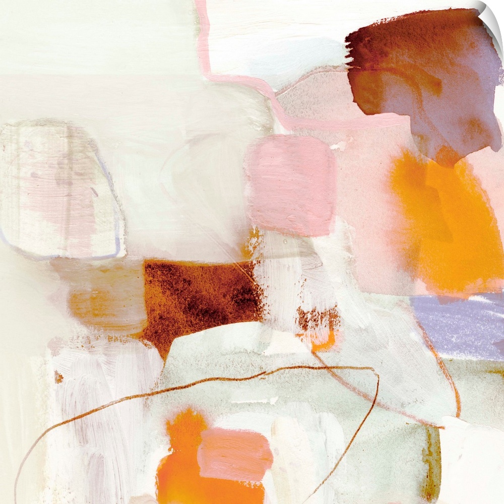 Square abstract painting in shades of brown, orange, pink, purple and cream.